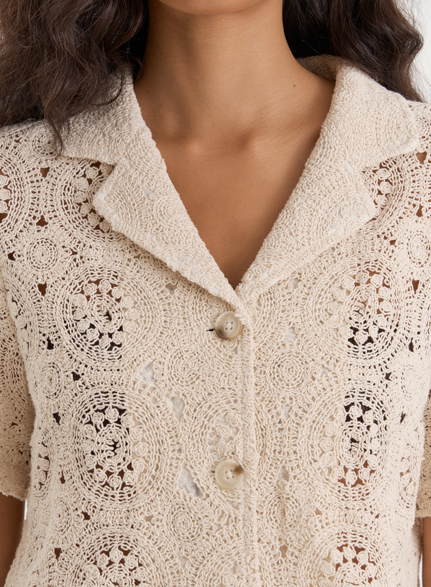 Beige Crochet Short Sleeve Shirt